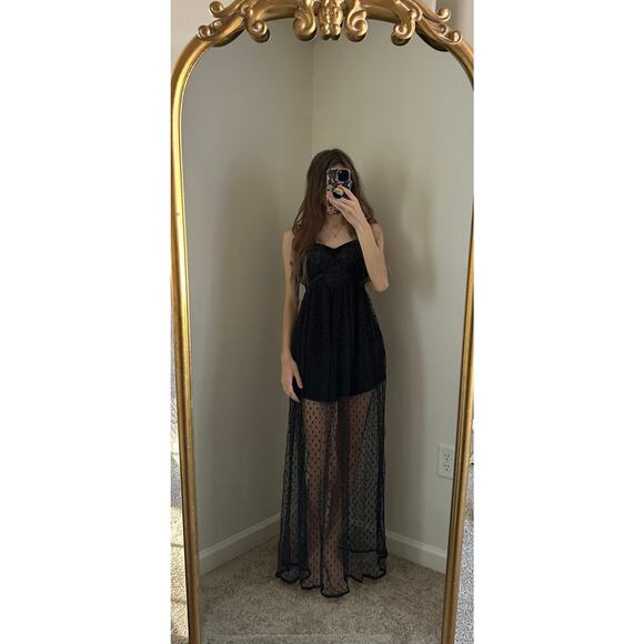 NWT Vintage Indulgence Black Sheer Lace Polka Dot Floral Ribbon Night Slip Dress - Picture 1 of 12